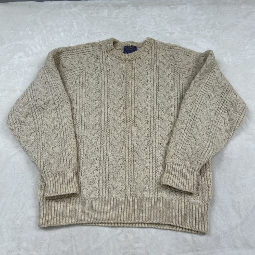 Pendleton Cable Knit Sweater Mens L Cream Pure Virgin Wool Made in USA 0885